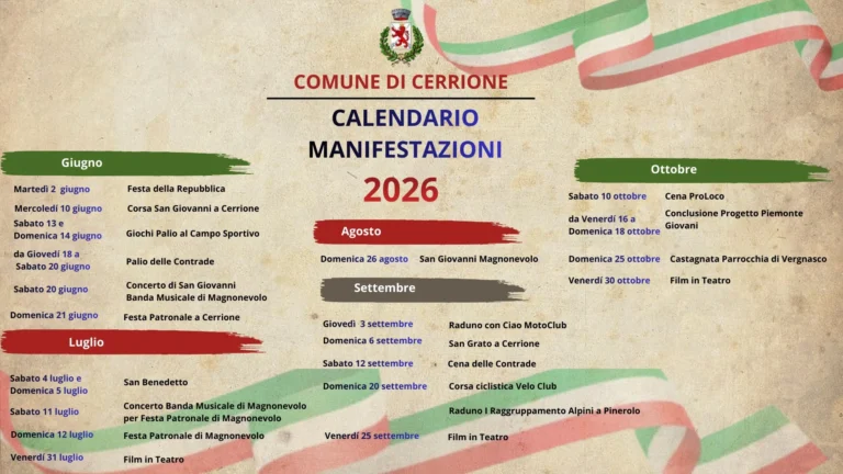 Locandina Calendario manifestazioni 2026 – Cerrione, dal 16 al 18 ottobre