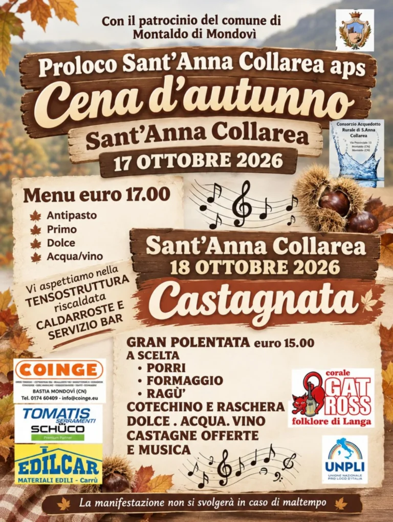 Locandina Cena d'autunno e Castagnata – Montaldo di Mondovì, dal 17 al 18 ottobre