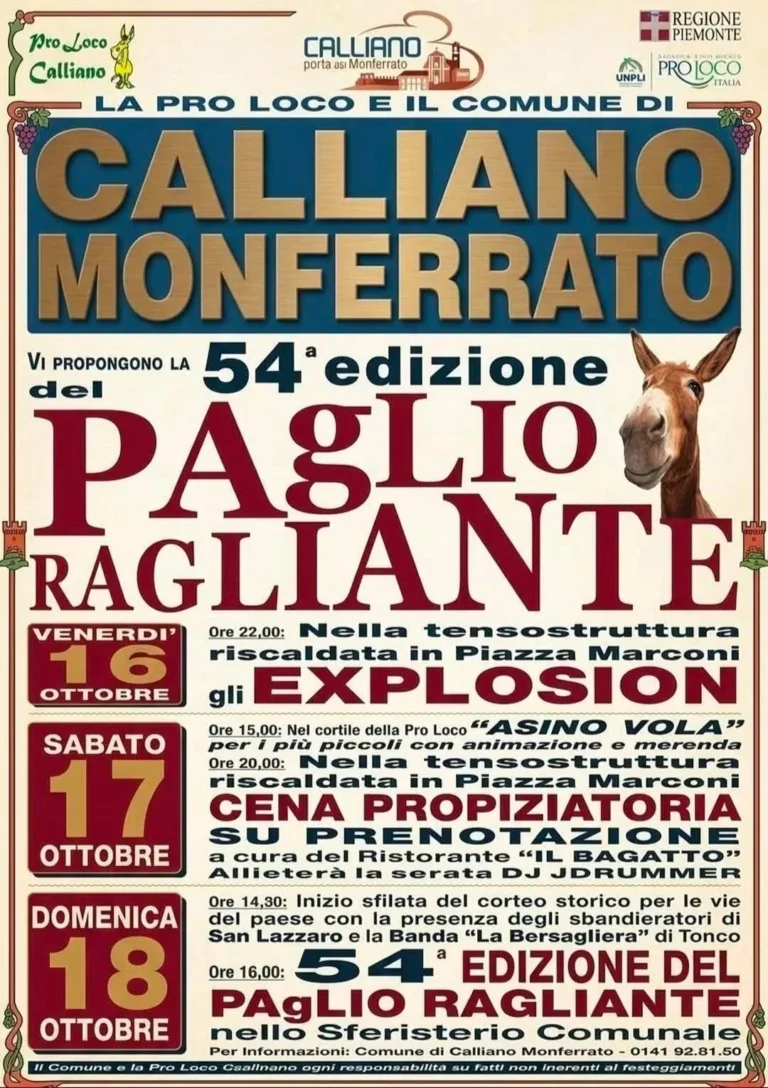 Locandina 54° Paglio Ragliante – Calliano Monferrato, dal 16 al 18 ottobre