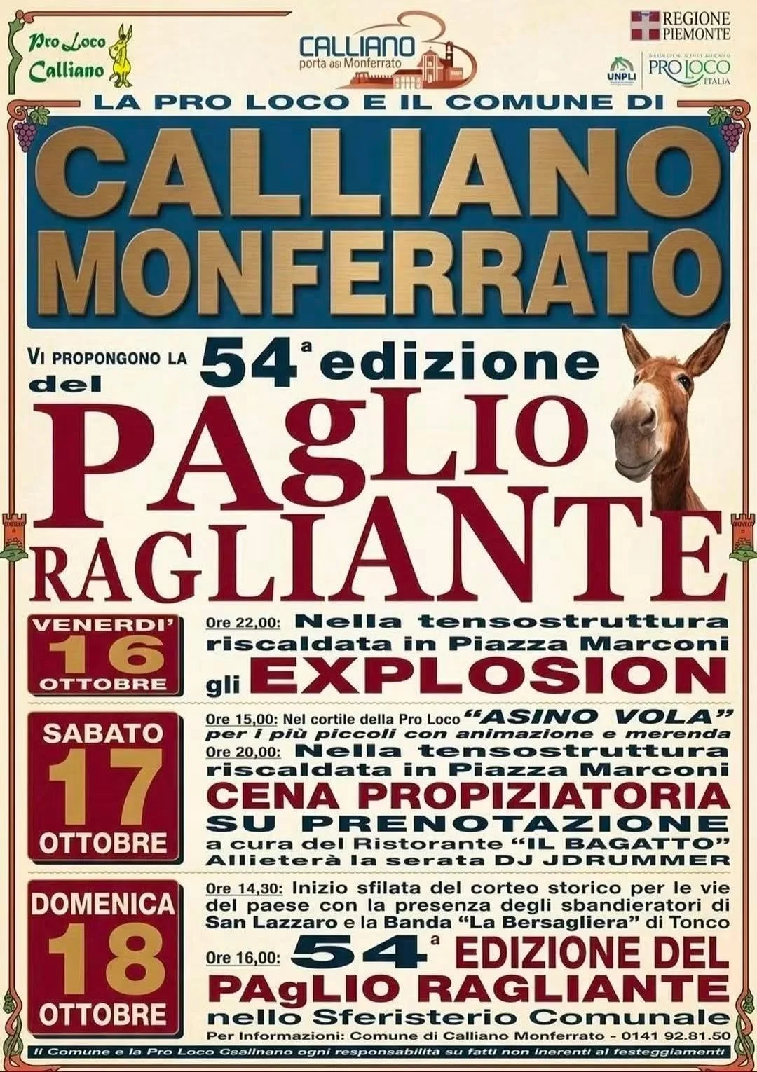 54° Paglio Ragliante a Calliano Monferrato: dal 16 al 18 ottobre 2026