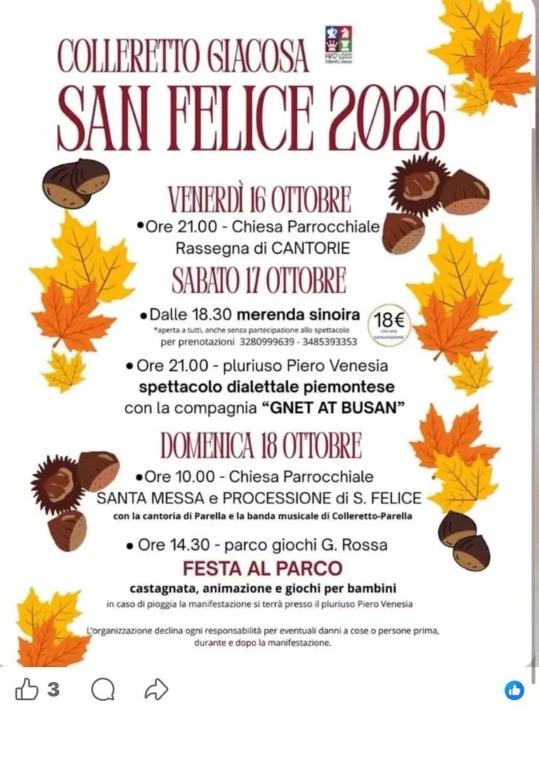 Locandina San Felice 2026 – Colleretto Giacosa, dal 16 al 18 ottobre
