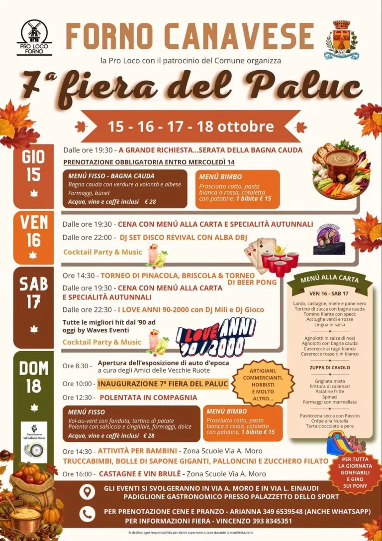 Locandina 7ª Fiera del Paluc – Forno Canavese, dal 15 al 18 ottobre