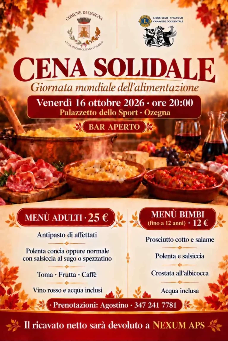 Locandina Cena solidale – Giornata mondiale dell'alimentazione – Ozegna, 16 ottobre