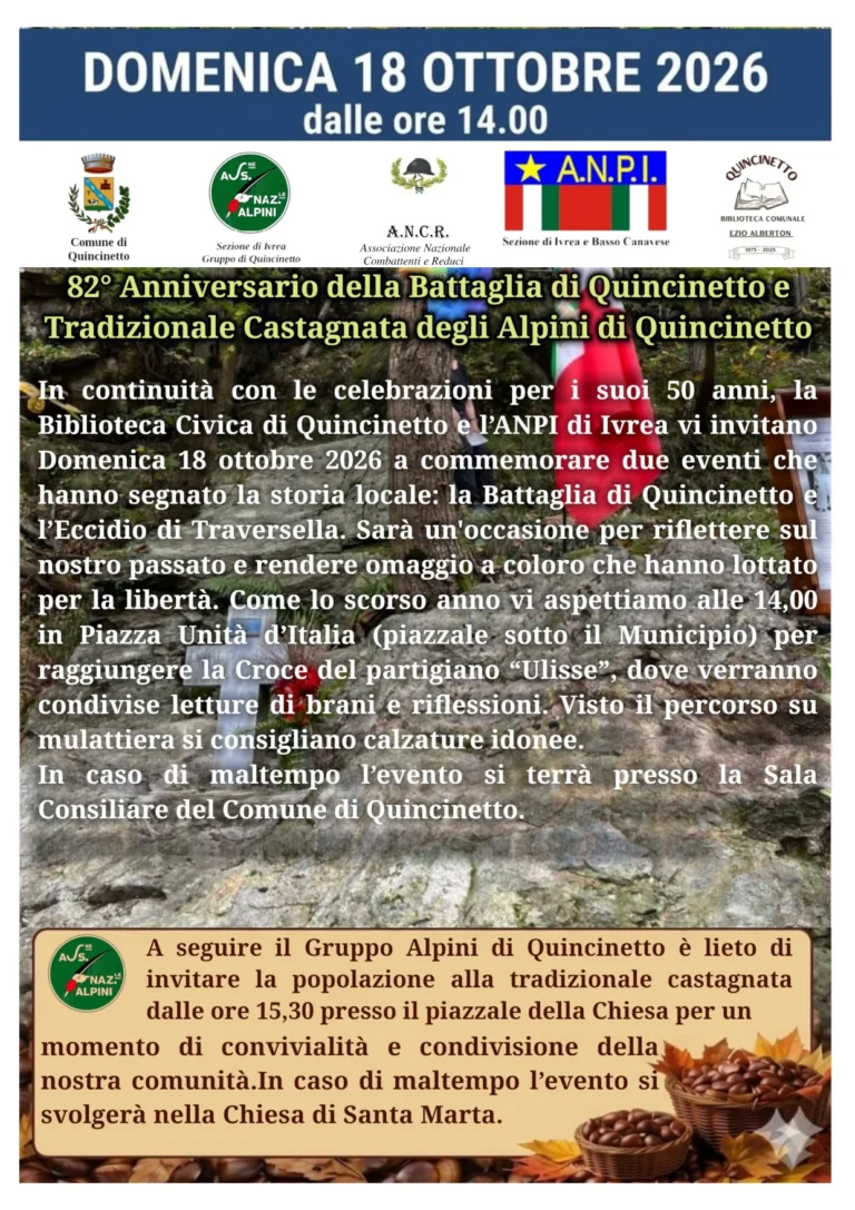 Locandina 82° anniversario della Battaglia di Quincinetto e castagnata degli Alpini – Quincinetto, 18 ottobre