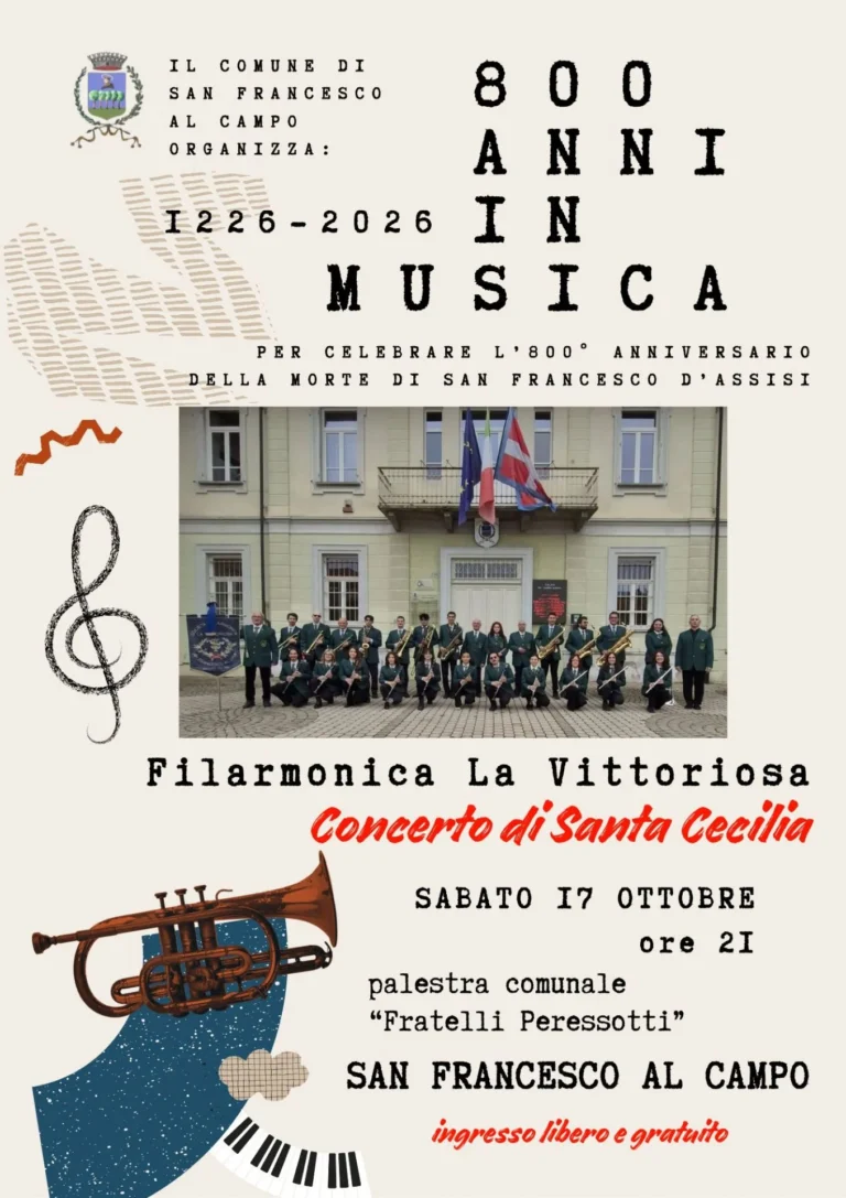 Locandina 800 anni in musica – Concerto di Santa Cecilia – San Francesco al Campo, 17 ottobre