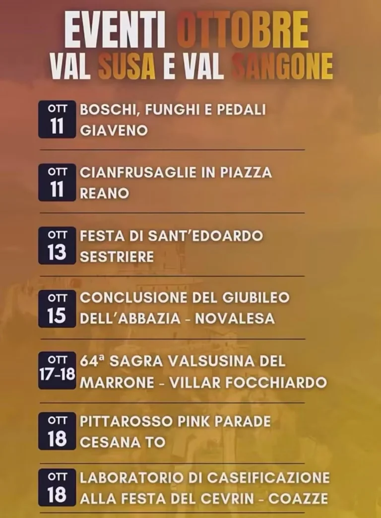 Locandina Eventi di ottobre in Val Susa e Val Sangone – Val di Susa, dal 17 al 18 ottobre
