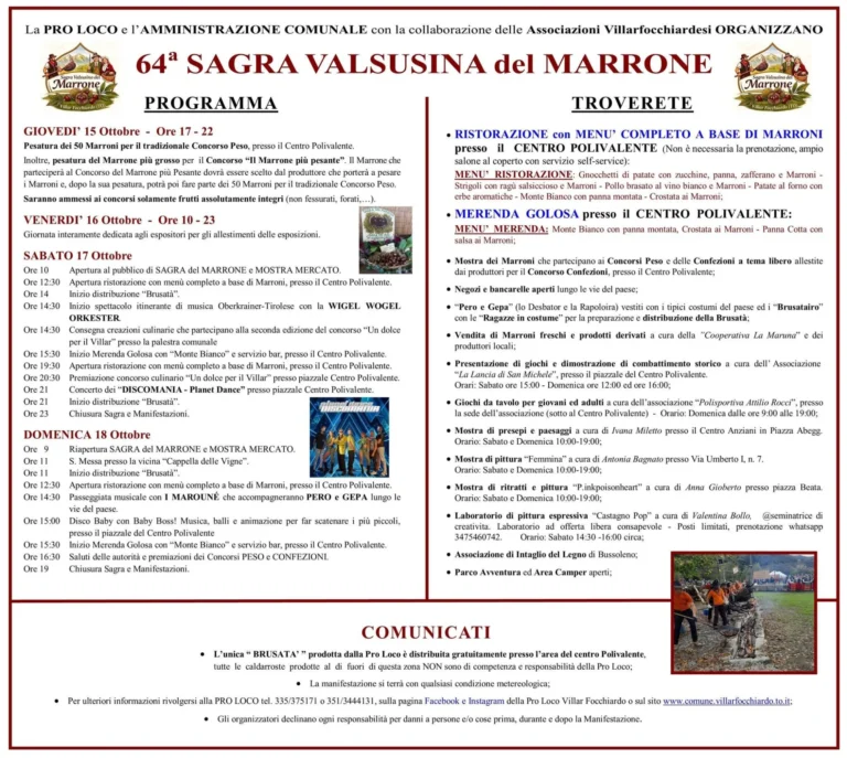 Locandina 64ª Sagra Valsusina del Marrone – il programma – Villar Focchiardo, dal 15 al 18 ottobre