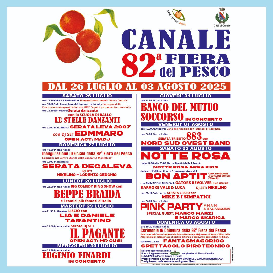 Canale celebra la 82ª edizione della Fiera del Pesco da sabato 26 luglio a domenica 3 agosto