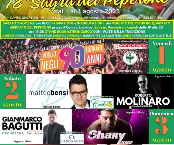 78ª Sagra del Peperone Quadrato d’Asti: quattro giorni di festa a Motta di Costigliole (1‑4 agosto 2025)