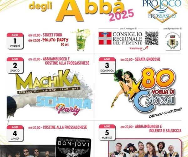 Frossasco in festa: dal 1° al 5 agosto torna la Sagra degli Abbà tra storia, musica e sapori piemontesi