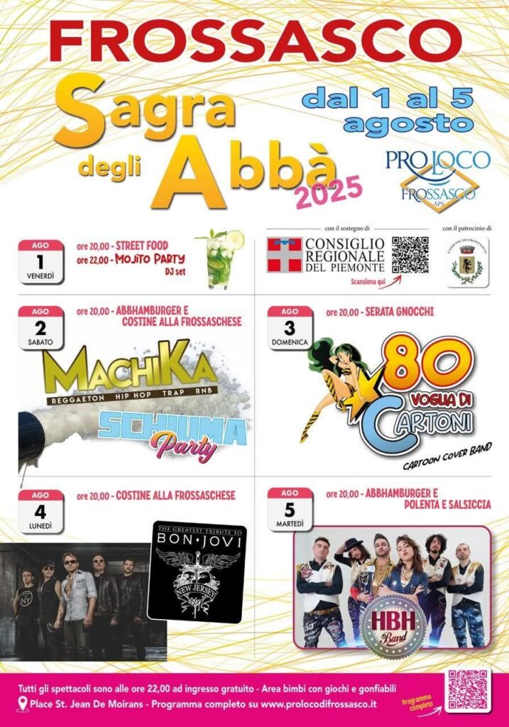 Frossasco in festa: dal 1° al 5 agosto torna la Sagra degli Abbà tra storia, musica e sapori piemontesi