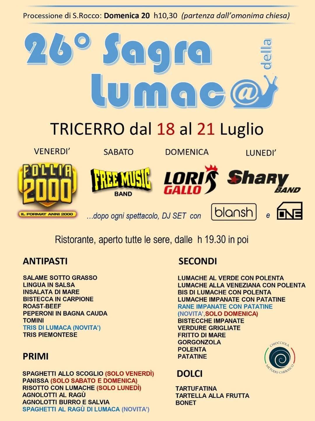 Sagra della Lumaca di Tricerro 2025: dal 18 al 21 luglio – gusti, musica e tradizione nel Vercellese