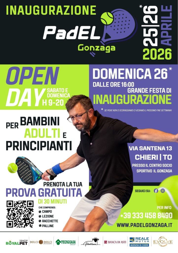 A Chieri inaugura PadEL Gonzaga! il 25 e il 26 aprile lezioni gratuite di Padel, partitelle di test e divertimento con il lanciapalline TITO