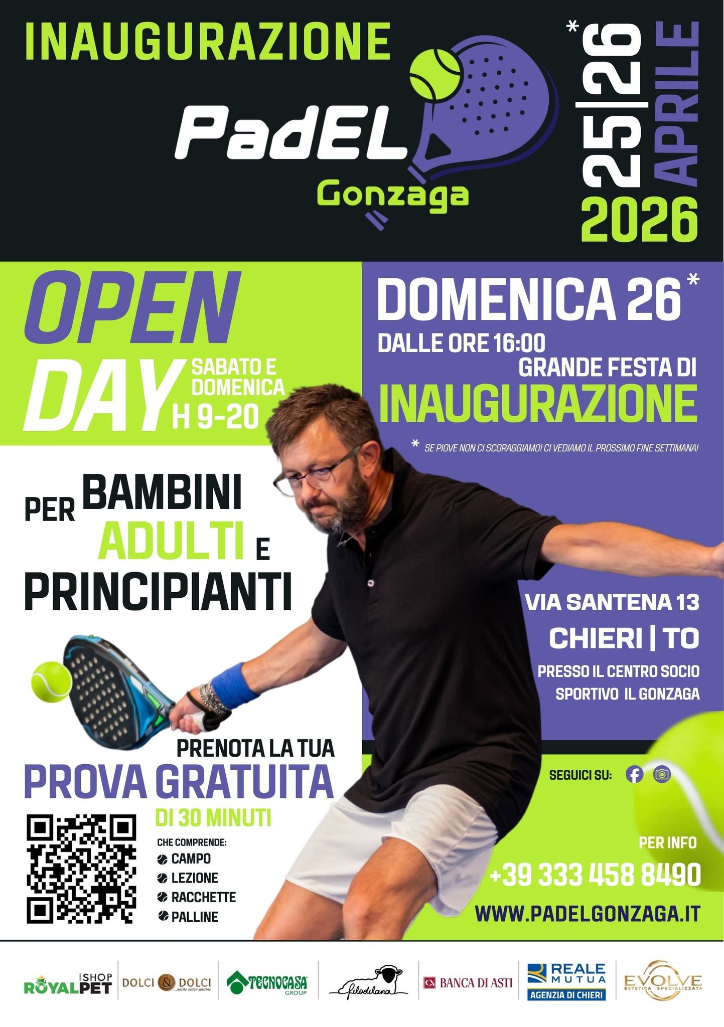 A Chieri inaugura PadEL Gonzaga! il 25 e il 26 aprile lezioni gratuite di Padel, partitelle di test e divertimento con il lanciapalline TITO