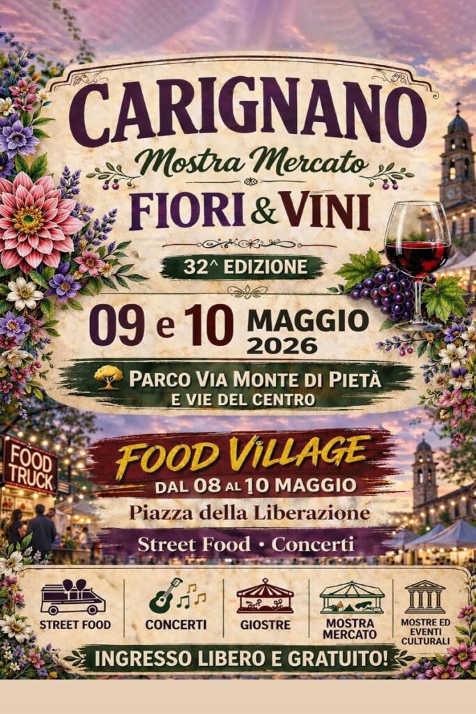 A Carignano torna “Fiori & Vini”: tre giorni tra profumi, degustazioni e street food nel cuore della primavera