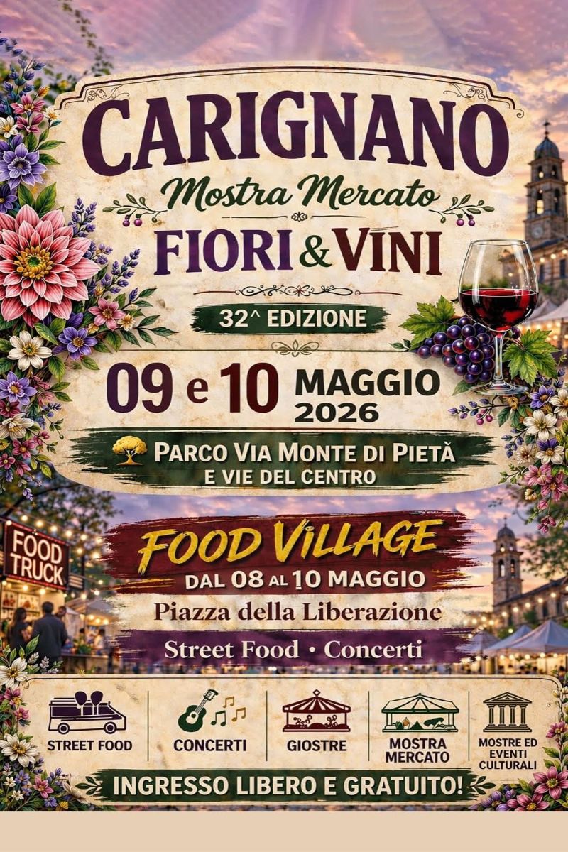 A Carignano torna “Fiori & Vini”: tre giorni tra profumi, degustazioni e street food nel cuore della primavera
