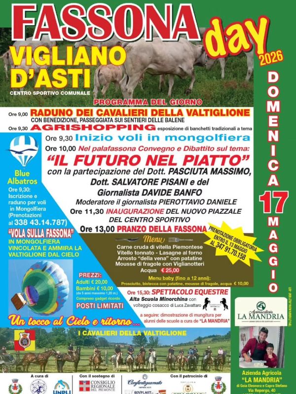 COMUNICATO STAMPA A Vigliano d’Asti torna il “Fassona Day”: una domenica tra alta gastronomia, dibattiti sul futuro del piatto, voli in mongolfiera e spettacoli equestri