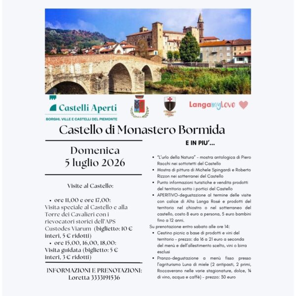 Domenica 5 luglio visite al Castello di Monastero Bormida: storia, arte e sapori  dell’Alta Langa