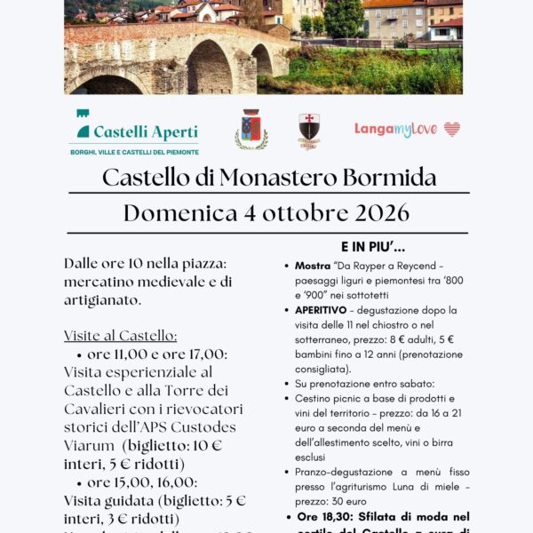 Castelli Aperti: domenica 4 ottobre il Castello di Monastero Bormida apre le sue porte a storia, artigianato, gusto e moda