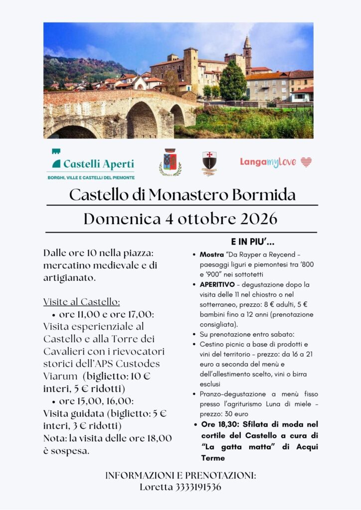 Castelli Aperti: domenica 4 ottobre il Castello di Monastero Bormida apre le sue porte a storia, artigianato, gusto e moda