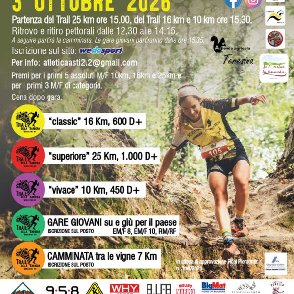 TRAIL DELLA BARBERA 2026: il 3 Ottobre a Mongardino La Corsa che racconta LA COLLINA ASTESANA