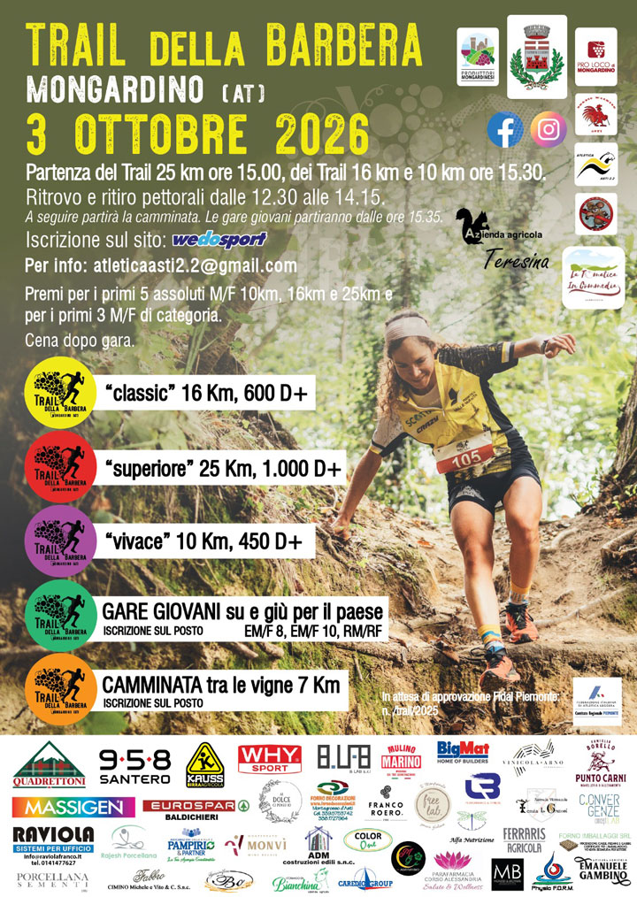 TRAIL DELLA BARBERA 2026: il 3 Ottobre a Mongardino La Corsa che racconta LA COLLINA ASTESANA